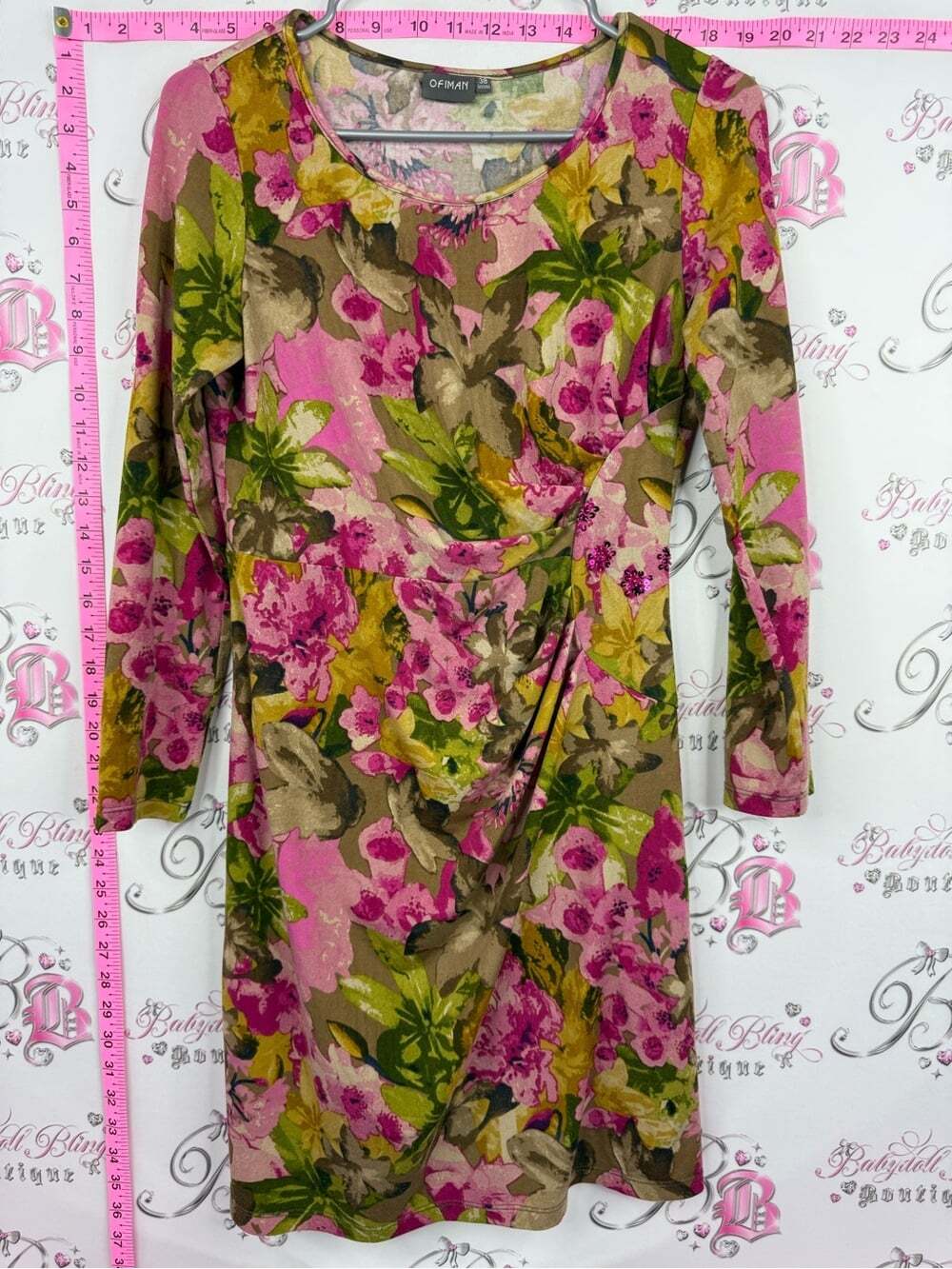 OFIMAN DRESS Floral flowers stretchy soft Long Sleeve Dress in Pink by